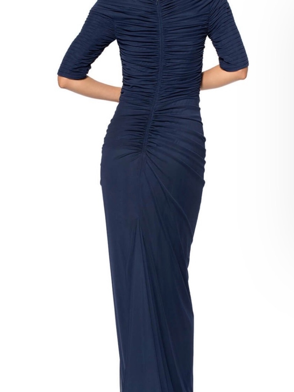 Tadashi Shoji Black Mesh Asymmetrical Sleeve Ruched Floor-Length Dress